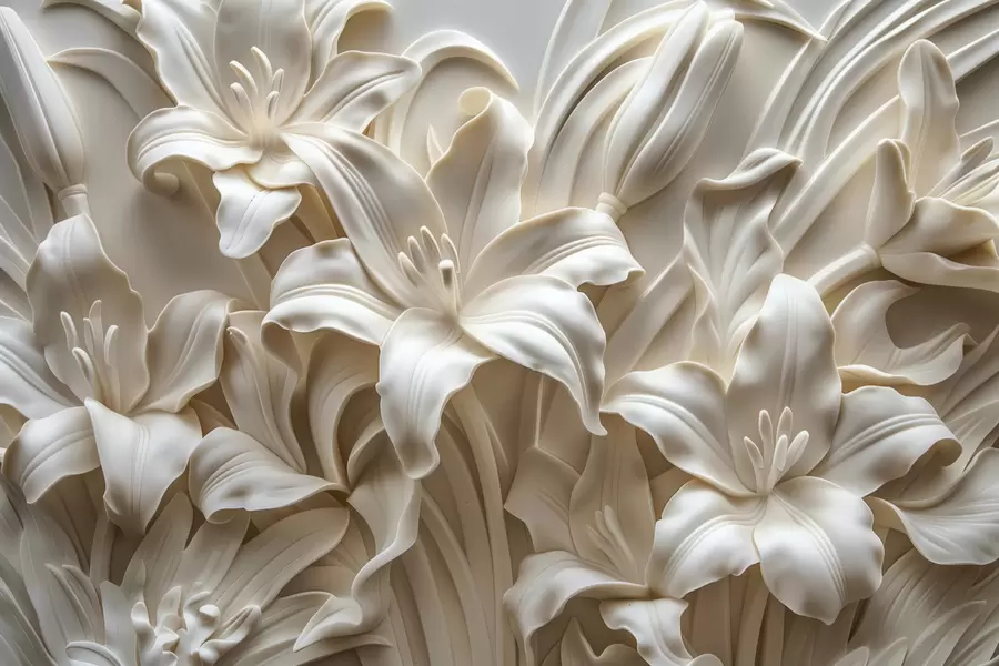 murales de pared Elegante relieve tridimensional de color beige de lirios tallados w01433