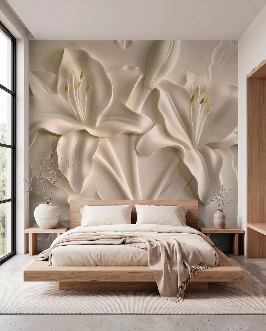 murales de pared Bajorrelieve de grandes lirios beige w01434