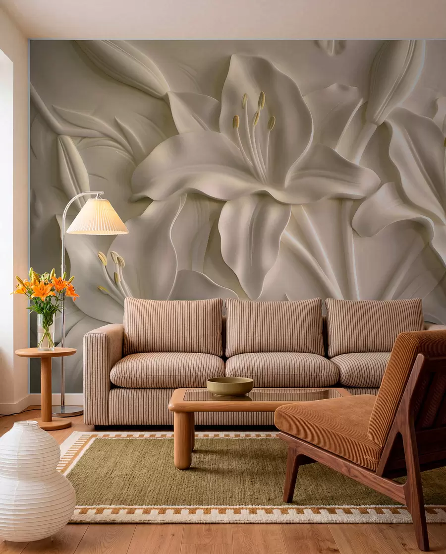murales de pared Bajorrelieve de grandes lirios beige w01434