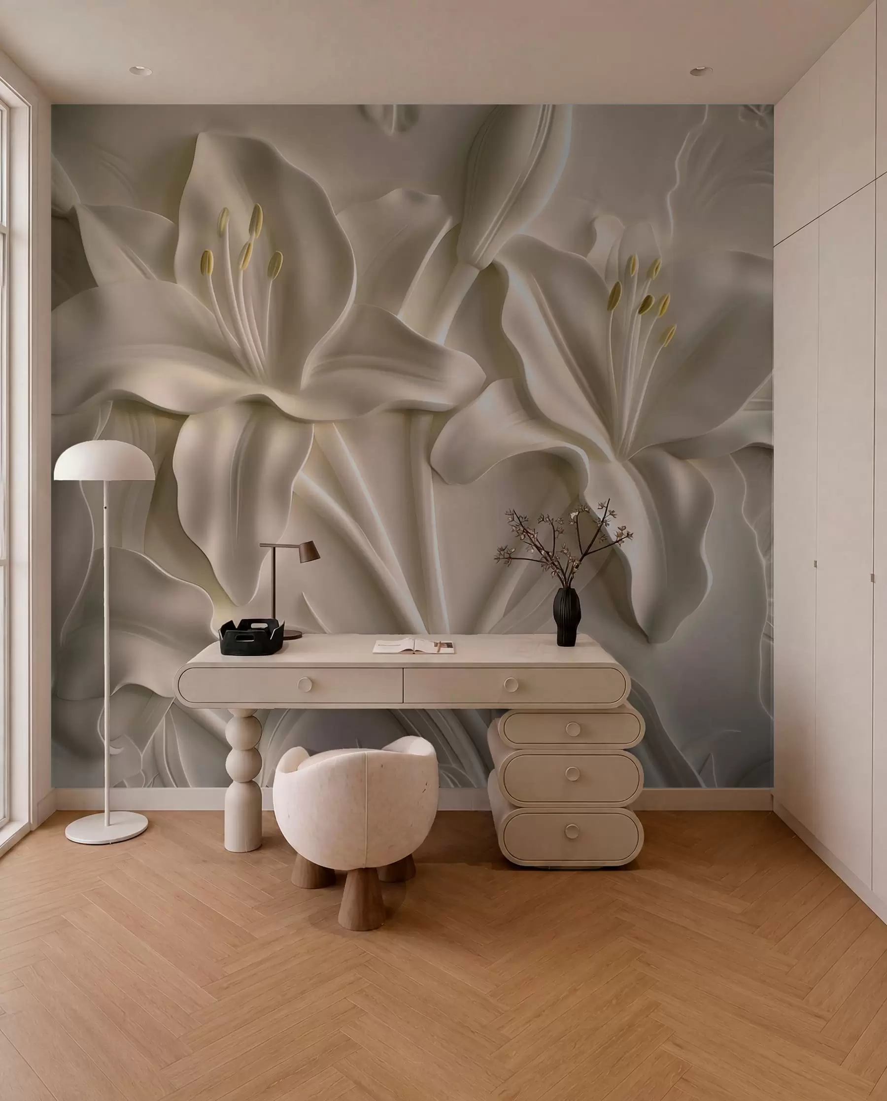 murales de pared Bajorrelieve de grandes lirios beige w01434