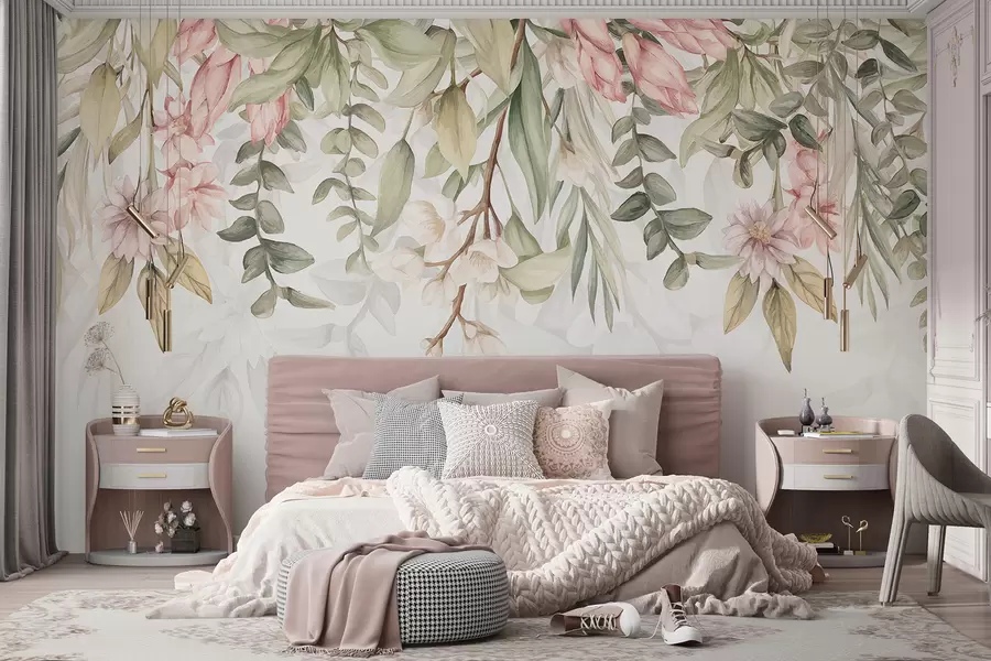 murales de pared Delicadas flores rosas y blancas con hojas y tallos verdes sobre un fondo claro w08222