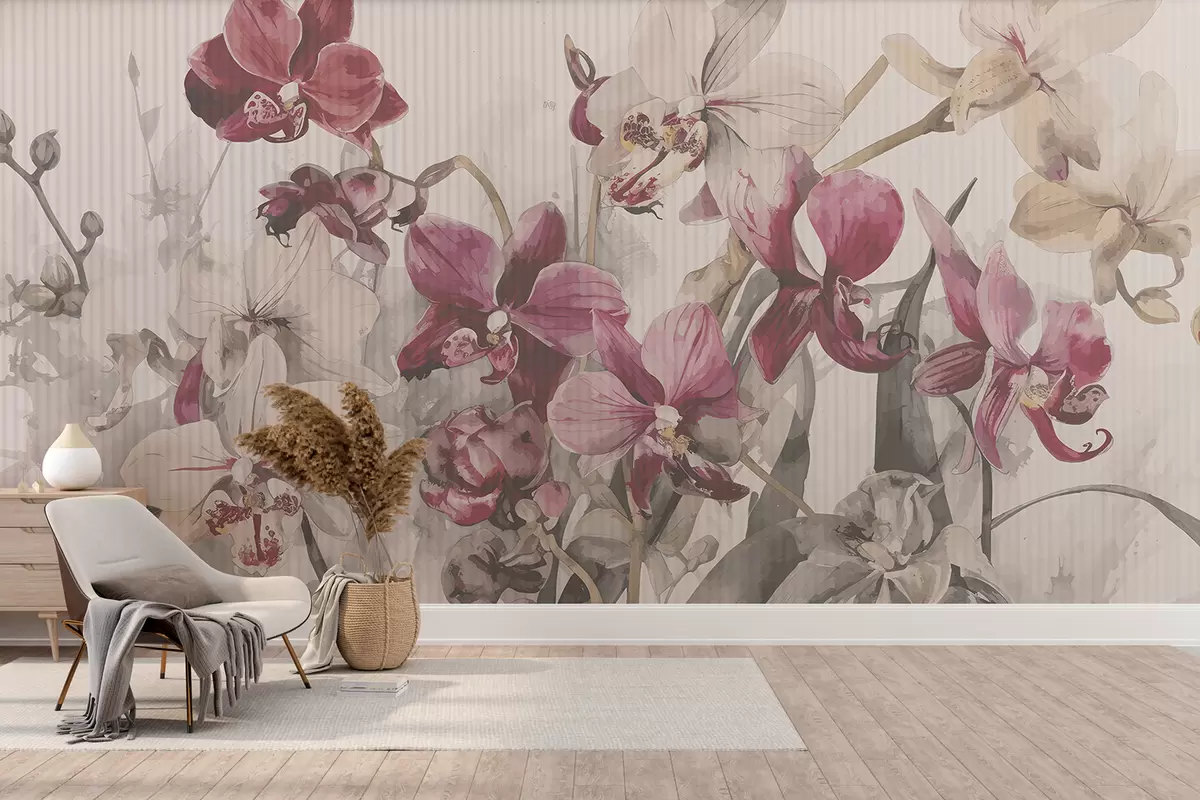 Murales de pared Flores de orquídeas blancas y rosas vibrantes sobre un fondo con textura de acuarela clara w08225 murales de pared Flores de orquídeas blancas y rosas vibrantes sobre un fondo con textura de acuarela clara w08225