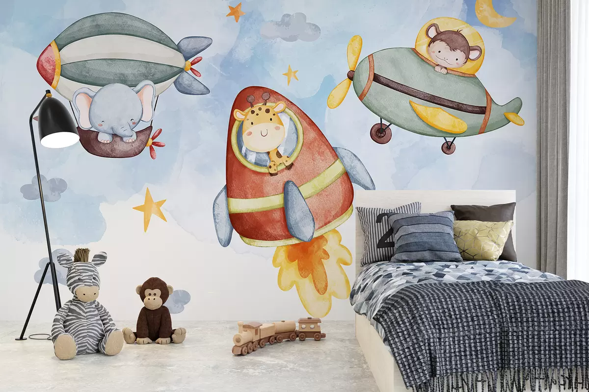 murales de pared Ilustración de acuarela para niños que representa un grupo de simpáticos personajes animales en una escena de temática espacial con estrellas. w08229