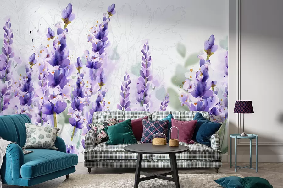 murales de pared Flores de lavanda morada en un campo, con enfoque suave y fondo borroso w08231