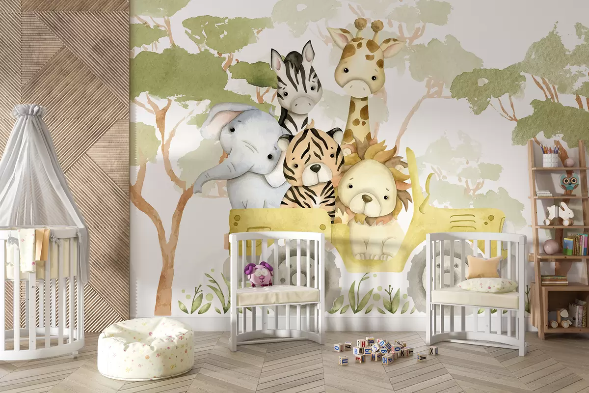 murales de pared Un camión de juguete amarillo que transporta una jirafa, un tigre, un conejo y un elefante, sobre un fondo de follaje verde. w08233