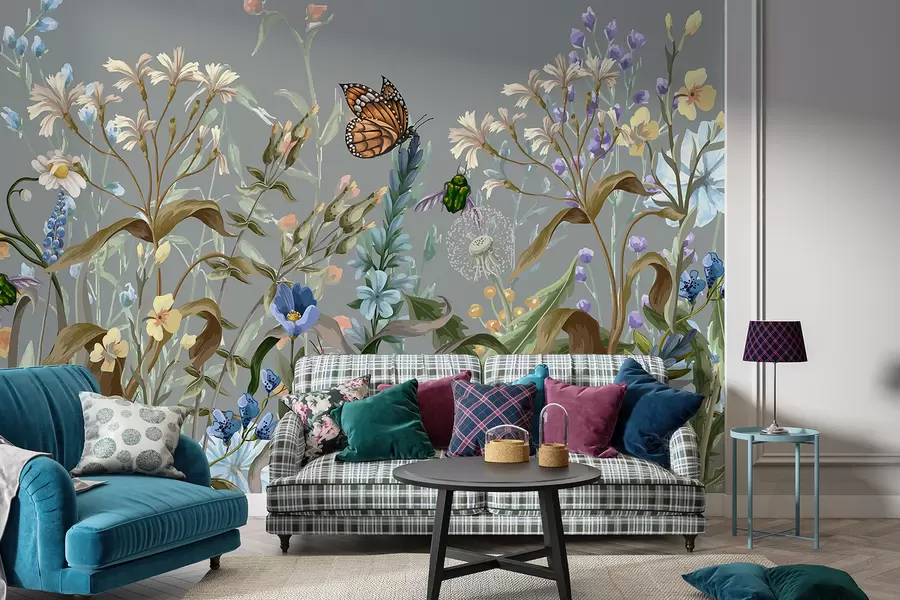 Murales de pared Una colorida ilustración azul de una escena de jardín de flores exuberantes con insectos en un estilo fantástico y onírico. w08234 murales de pared Una colorida ilustración azul de una escena de jardín de flores exuberantes con insectos en un estilo fantástico y onírico. w08234