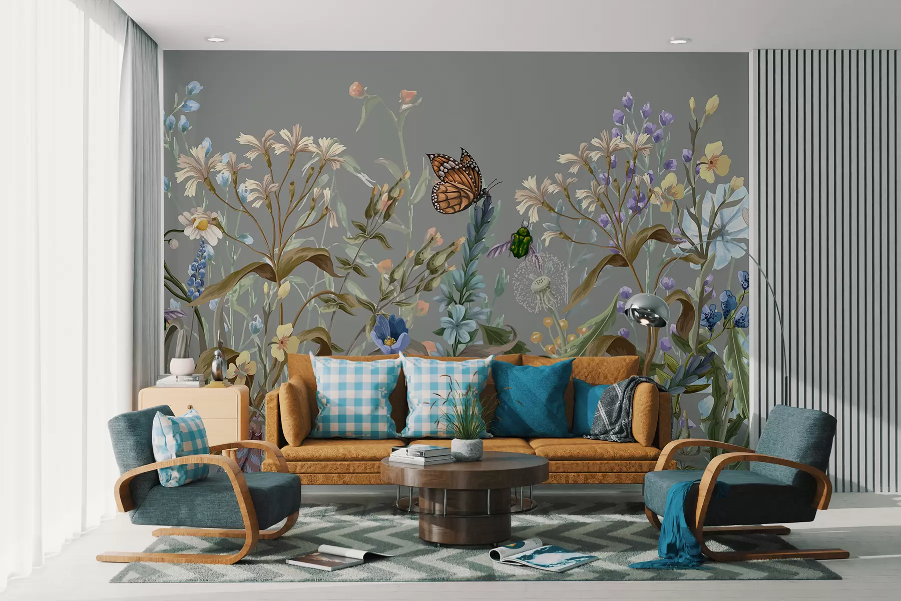 murales de pared Una colorida ilustración azul de una escena de jardín de flores exuberantes con insectos en un estilo fantástico y onírico w08234