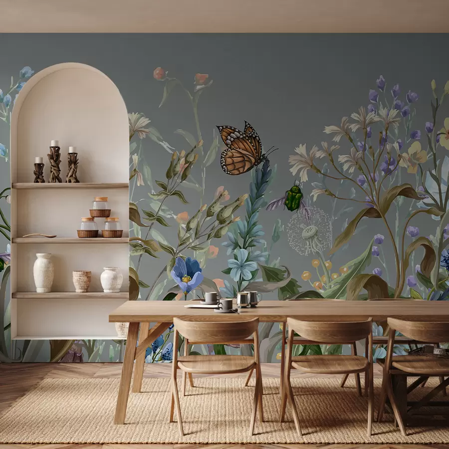 murales de pared Una colorida ilustración azul de una escena de jardín de flores exuberantes con insectos en un estilo fantástico y onírico w08234