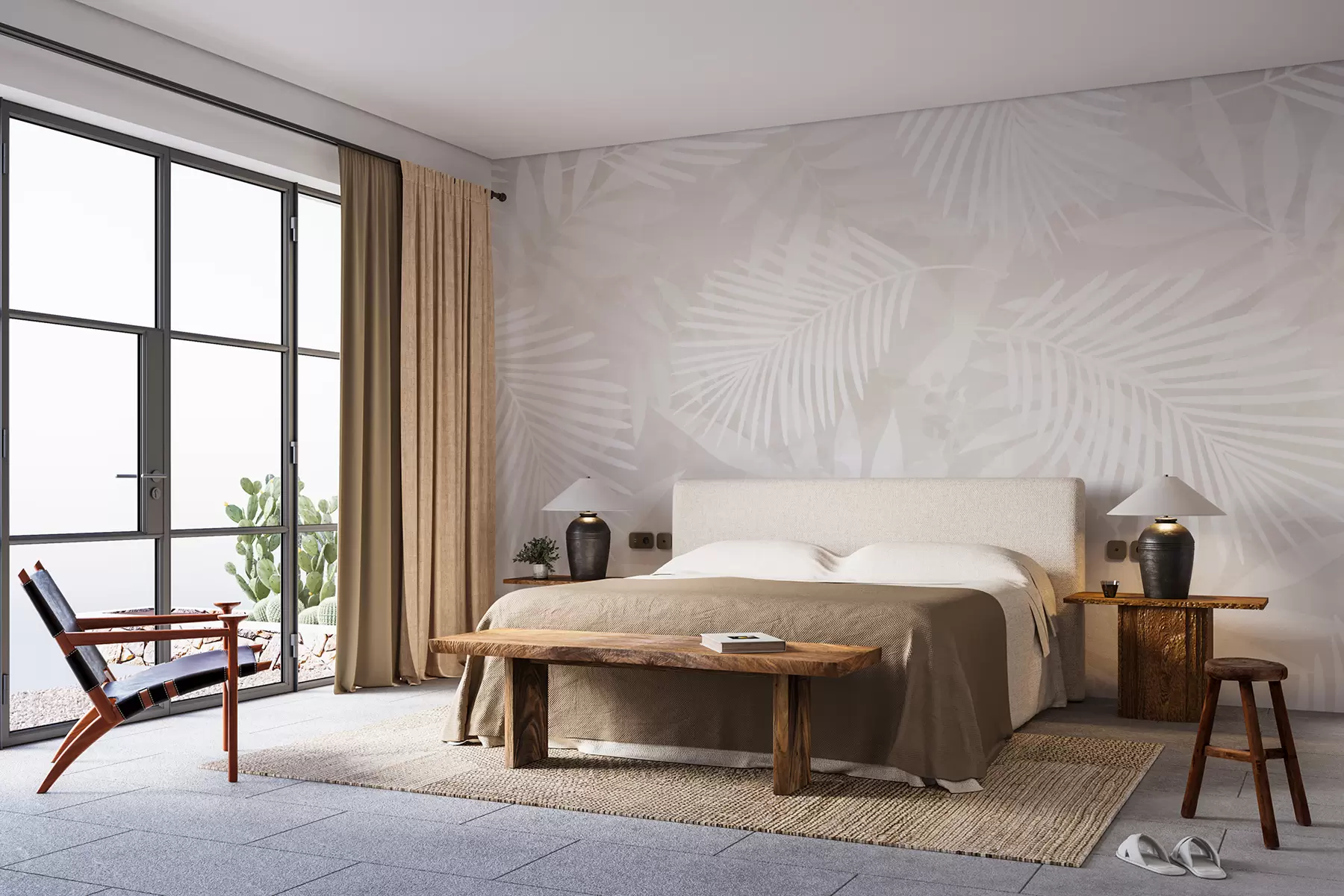 murales de pared hojas de palma blancas sobre un fondo claro w00978