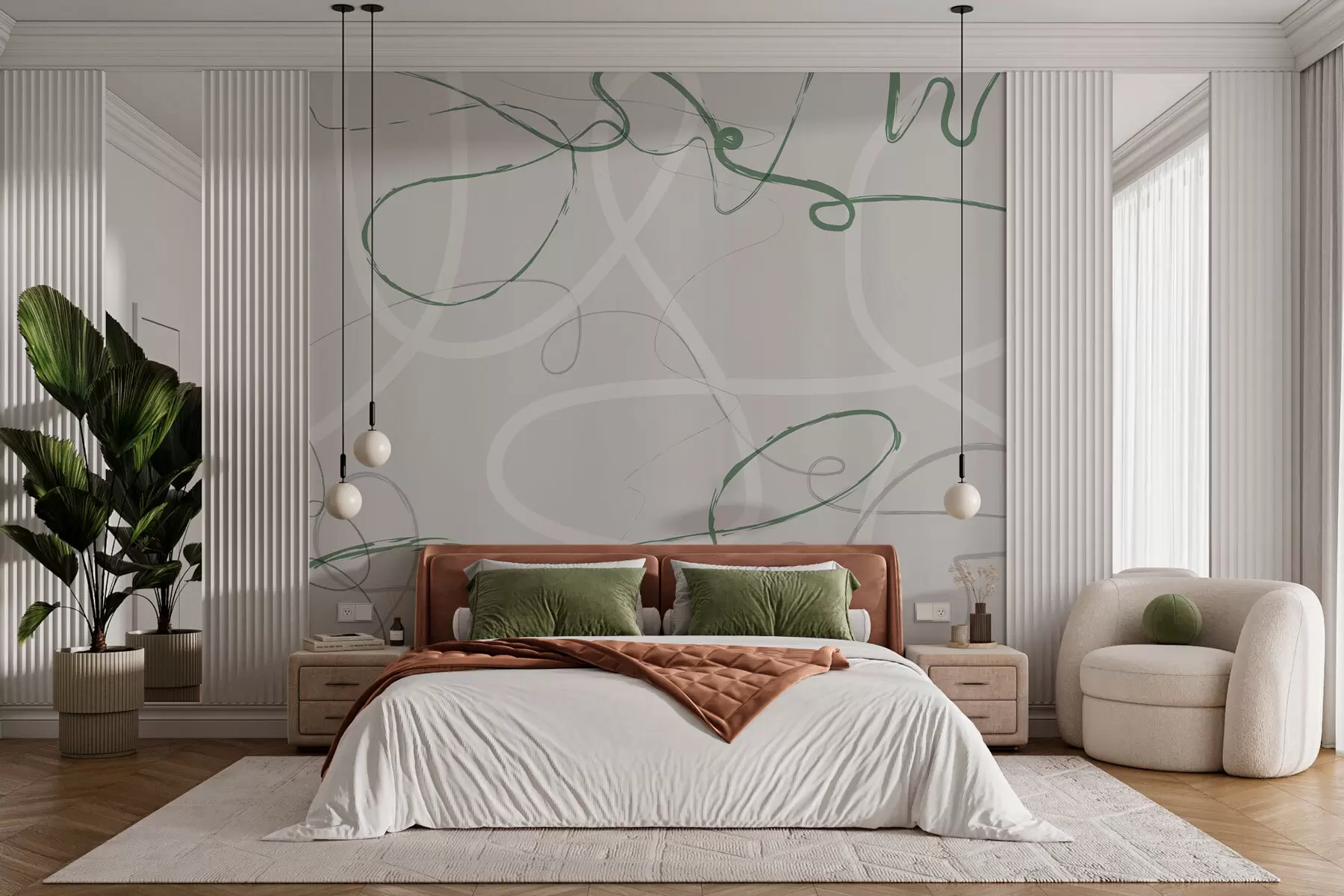 murales de pared Líneas verdes abstractas sobre un fondo gris w01455v1