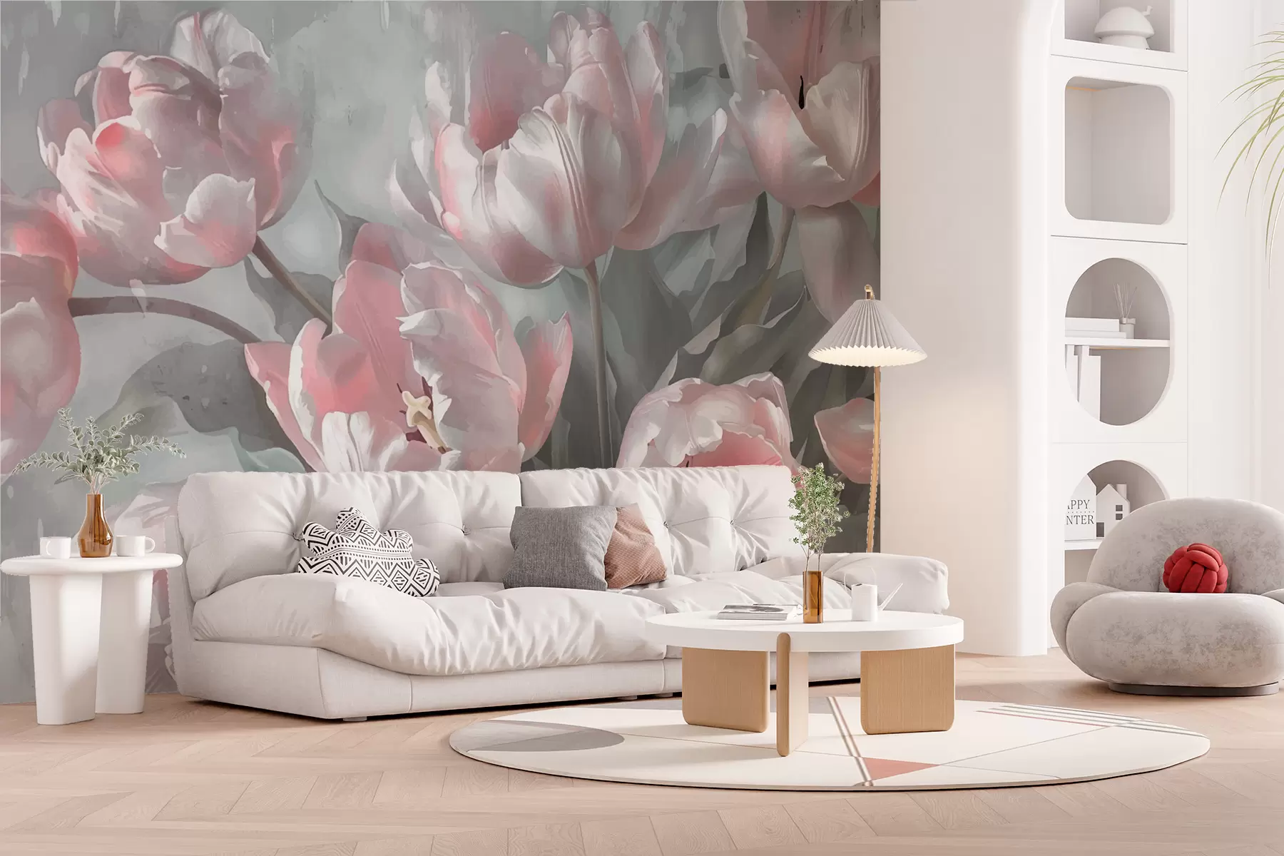 murales de pared Tulipanes rosas en estilo vintage w00966