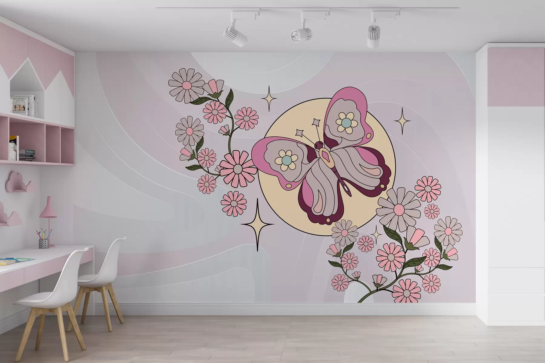 murales de pared Papel pintado con una mariposa rosa sobre un fondo gris-rosa claro entre flores en un estilo sencillo para la habitación de una niña. w00985