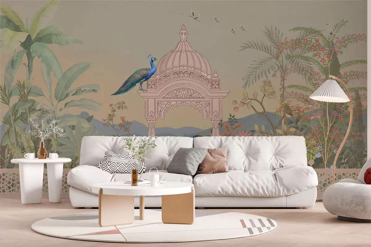 murales de pared Un mural de pared con una vista panorámica del lago, un jardín tropical con un cenador y pavos reales en delicados tonos verdes y beige, con un lienzo texturizado. w00986