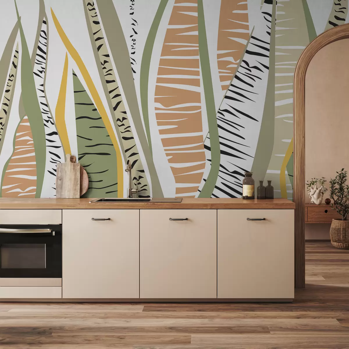 Murales de pared Vegetación estilizada y hojas con rayas horizontales y verticales. w01001v1 murales de pared Vegetación estilizada y hojas con rayas horizontales y verticales. w01001v1
