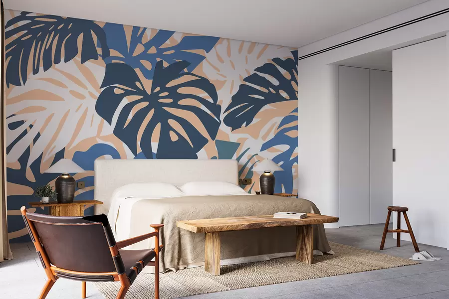 murales de pared Hojas de monstera tropical brillantes, tonos azules y rosados. w01002