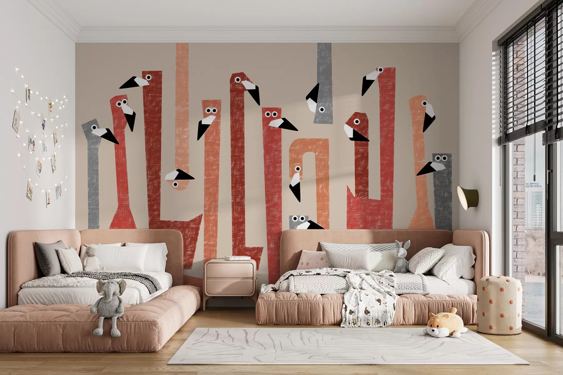 murales de pared Ilustración de flamenco estilizado brillante, color rojo, rosa, naranja, gris, imitación de un dibujo con trazos. w01003