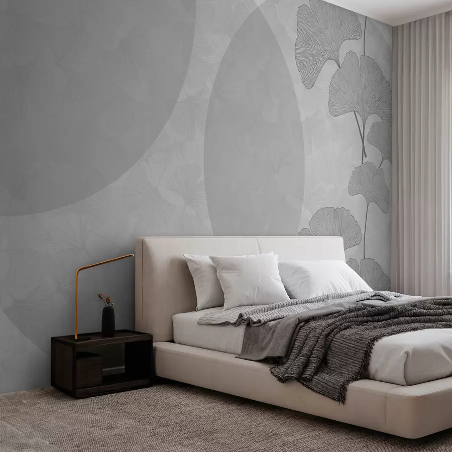 murales de pared Hojas de ginkgo grandes y geometría de color gris w01465v3
