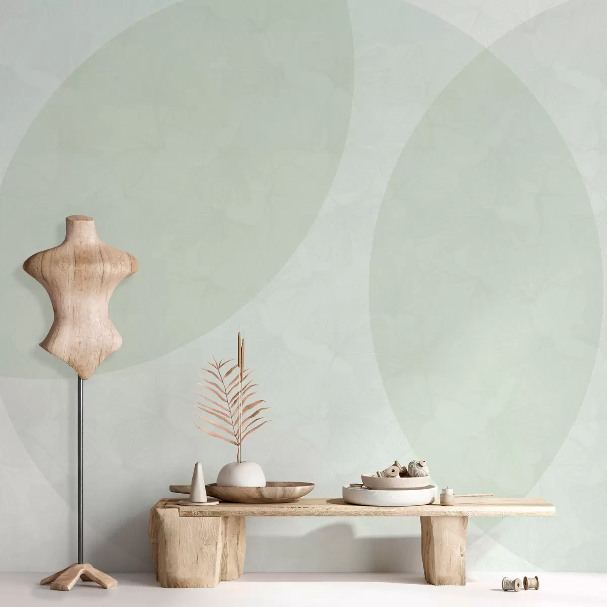 murales de pared Hojas de ginkgo con círculos de color verde w01466v2
