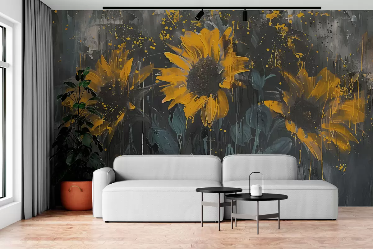 Murales de pared Cuadro abstracto de girasoles, fondo gris oscuro y tonos amarillos w01480 murales de pared Cuadro abstracto de girasoles, fondo gris oscuro y tonos amarillos w01480