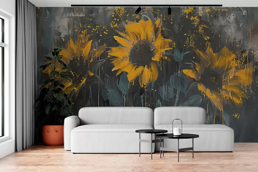 Murales de pared Cuadro abstracto de girasoles, fondo gris oscuro y tonos amarillos w01480 murales de pared Cuadro abstracto de girasoles, fondo gris oscuro y tonos amarillos w01480