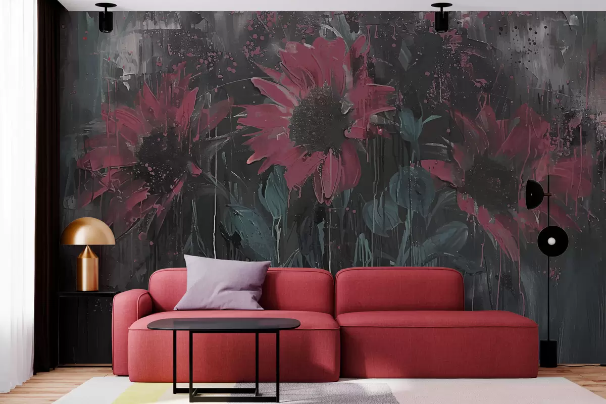 Murales de pared Imagen abstracta de girasol, fondo gris oscuro y tonos rojo-rosados w01480v1 murales de pared Imagen abstracta de girasol, fondo gris oscuro y tonos rojo-rosados w01480v1