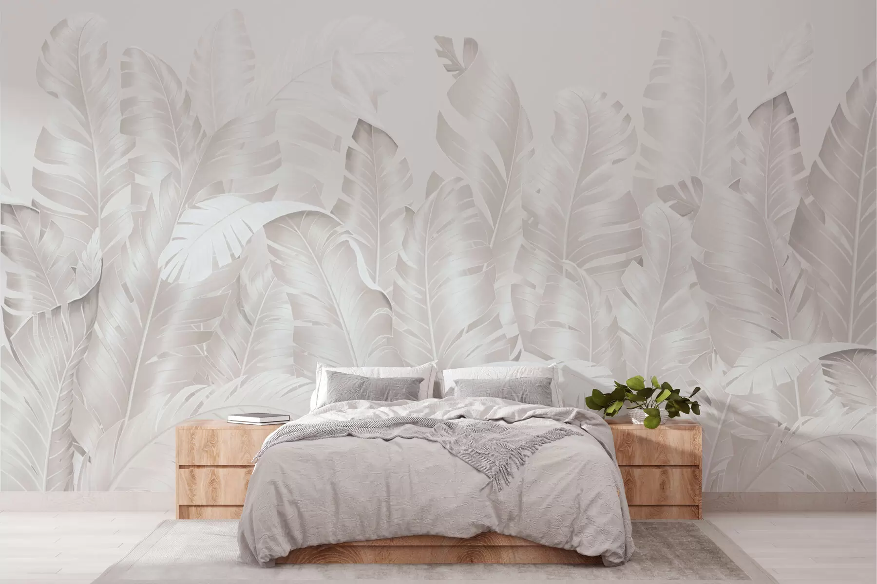 murales de pared Hojas tropicales de color beige pastel de moda w01481