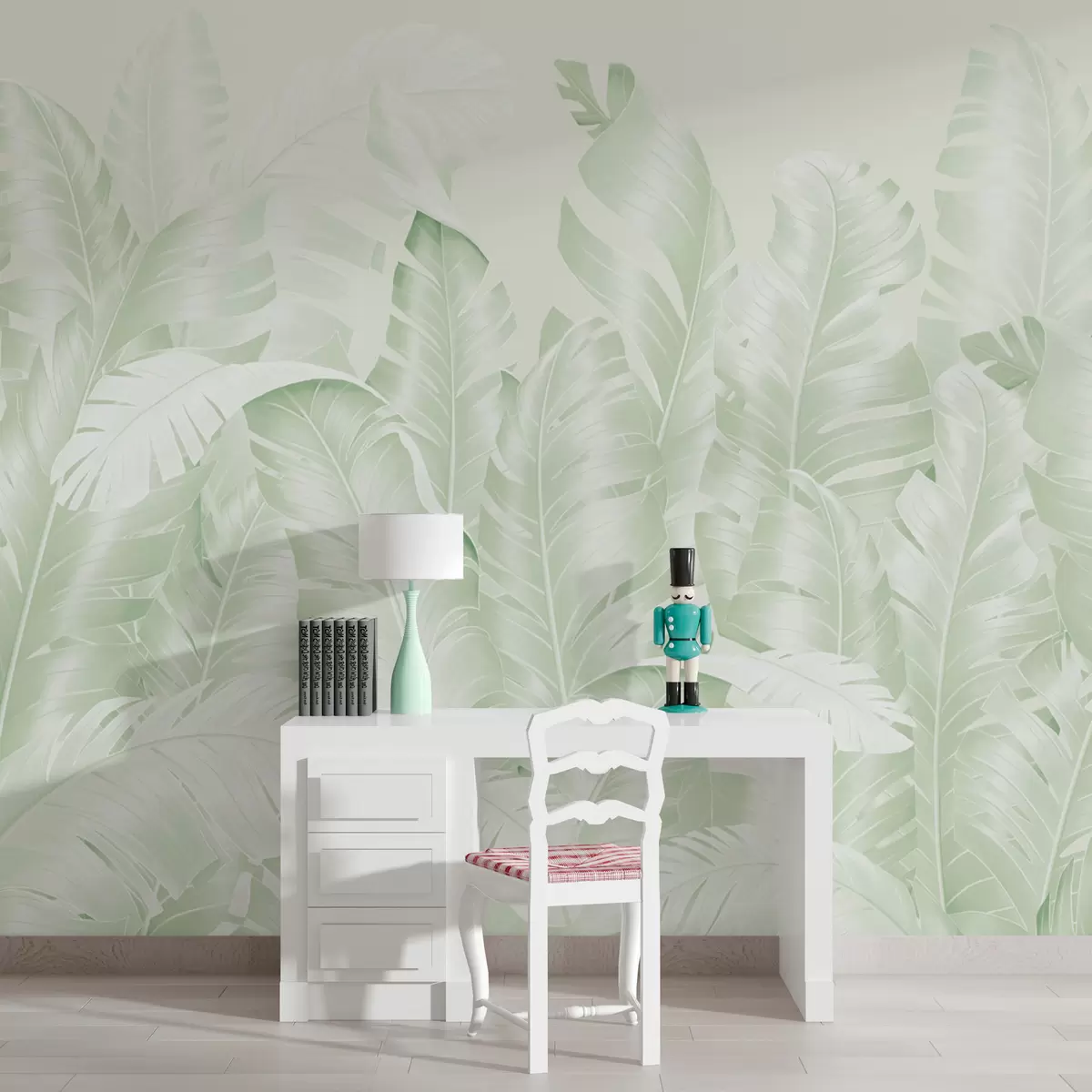murales de pared Hojas tropicales de color verde pastel de moda w01481v2