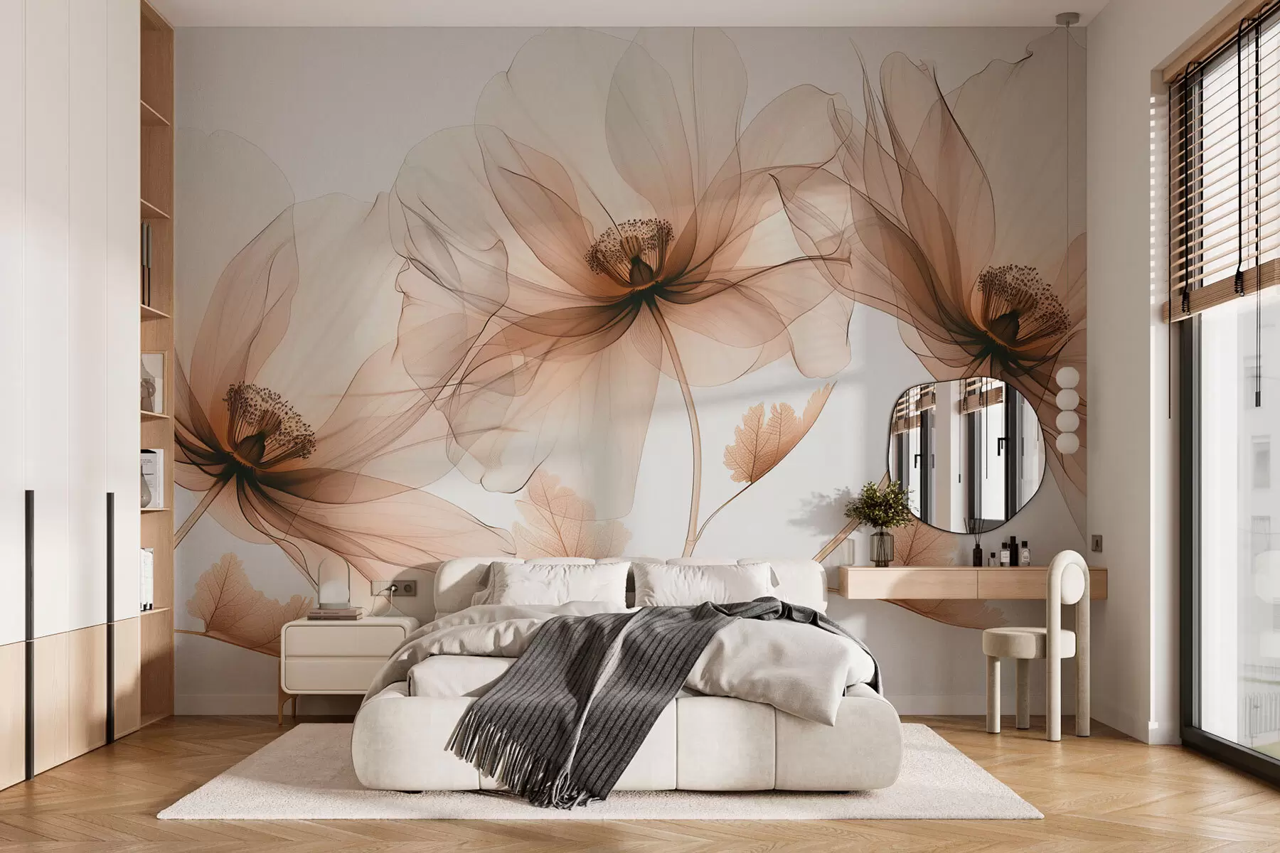 murales de pared Delicada flor transparente estilo rayos X sobre fondo blanco Diseño botánico monocromático minimalista w01482