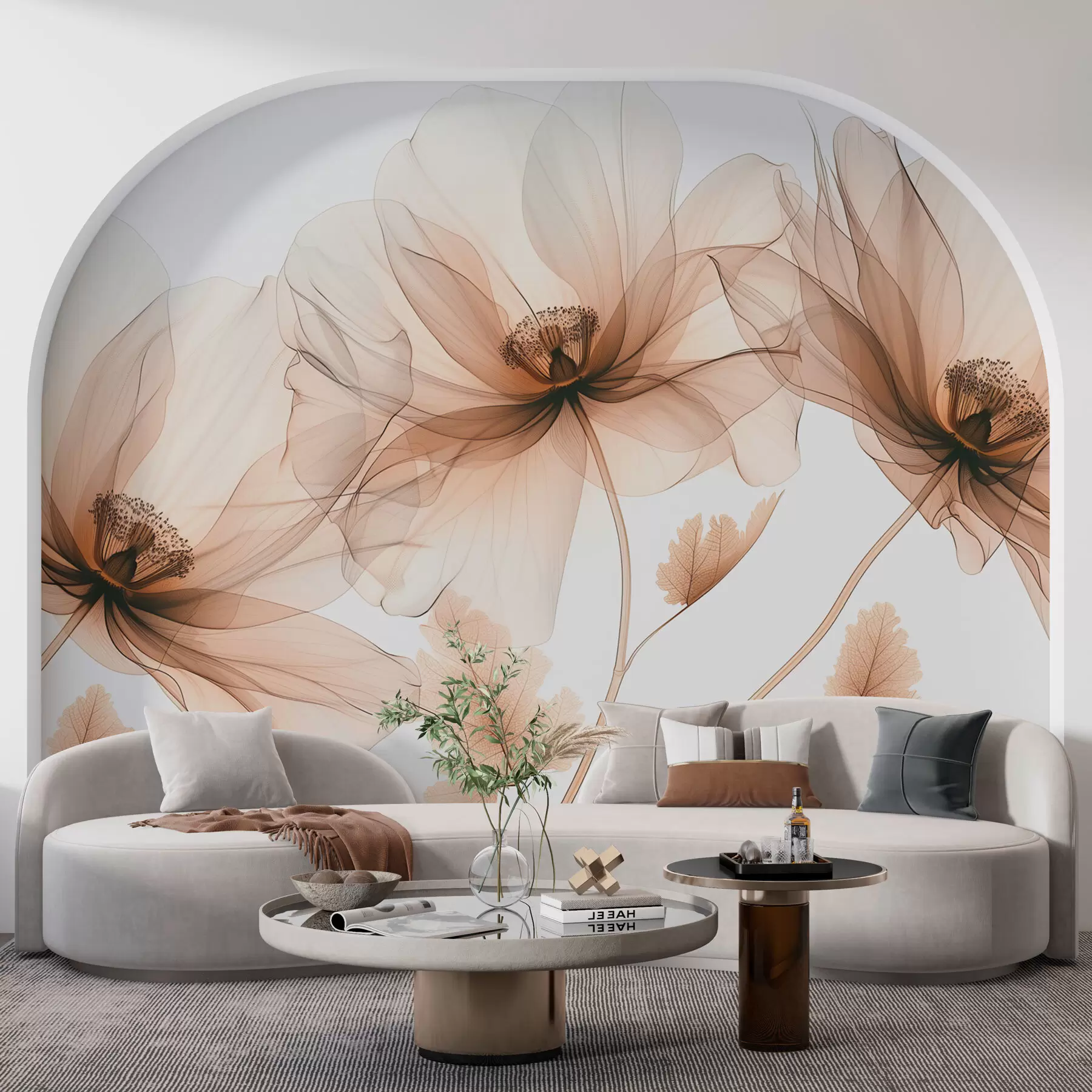 murales de pared Delicada flor transparente estilo rayos X sobre fondo blanco Diseño botánico monocromático minimalista w01482