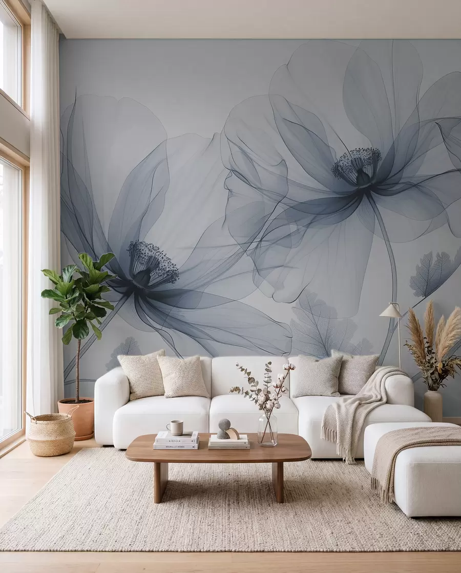 murales de pared Flor azul transparente en estilo de rayos X sobre fondo blanco Diseño botánico monocromático minimalista w01482v1