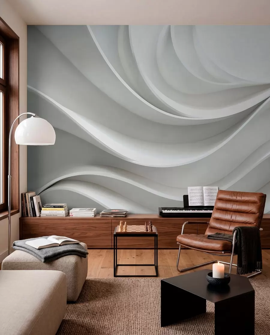 murales de pared Forma de onda abstracta volumétrica 3D blanca w01471