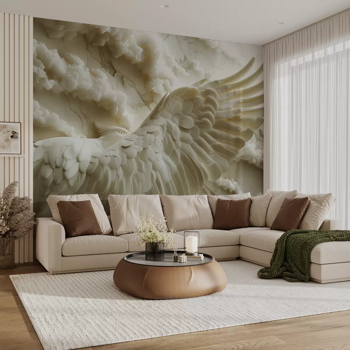 Murales de pared Águila blanca voladora en 3D sobre un fondo de nubes y mármol w01476 murales de pared Águila blanca voladora en 3D sobre un fondo de nubes y mármol w01476