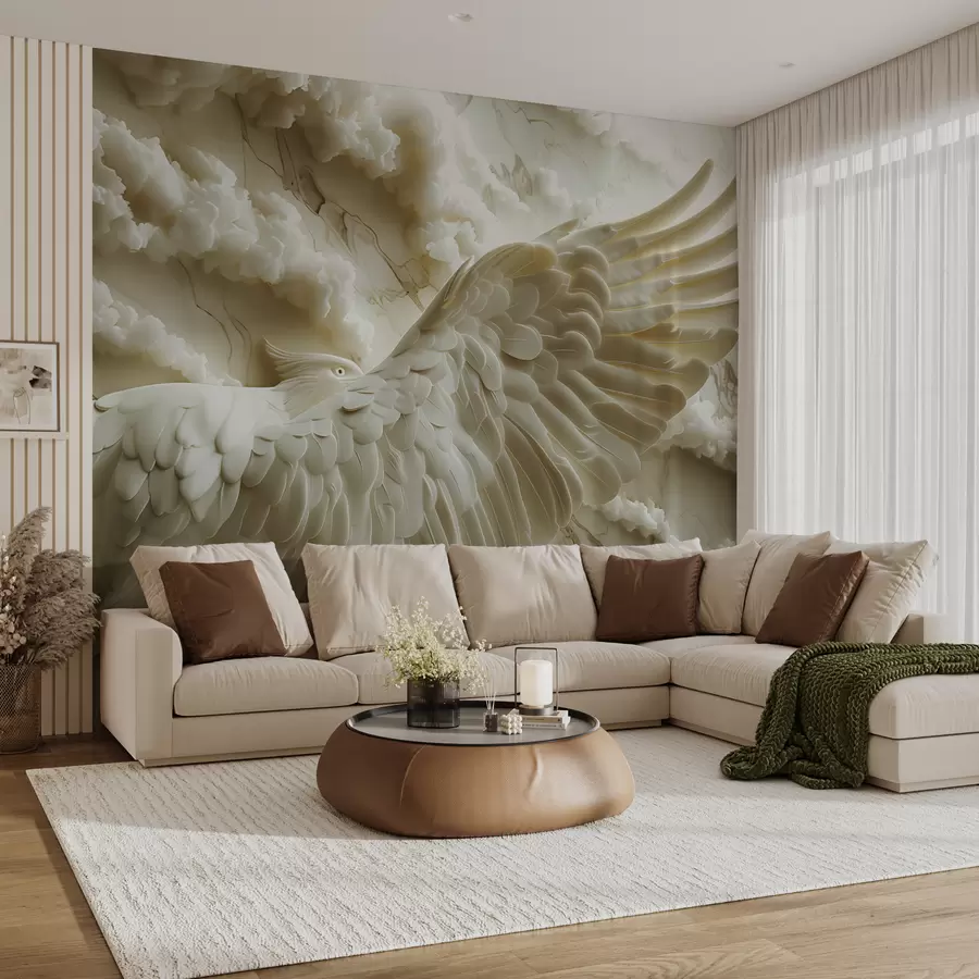 Murales de pared Águila blanca voladora en 3D sobre un fondo de nubes y mármol w01476 murales de pared Águila blanca voladora en 3D sobre un fondo de nubes y mármol w01476