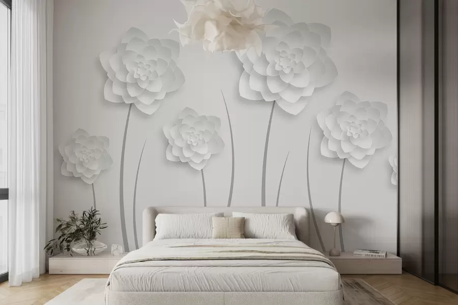 murales de pared Flores grandes con imitación de volumen en estilo papel sobre fondo gris claro con tallo gris w01021