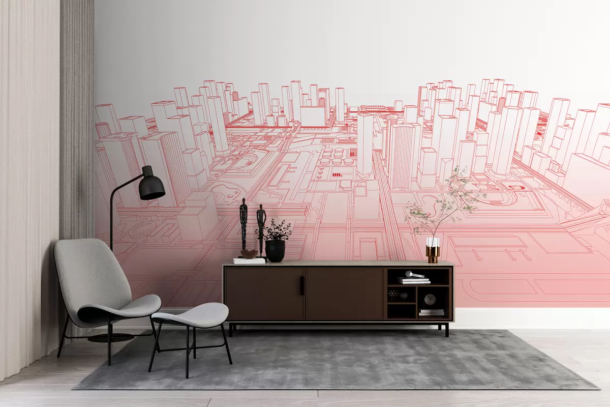 murales de pared Dibujo lineal 3D de calles y edificios en tonos rojos para espacios de oficinas y aulas. w01026v2