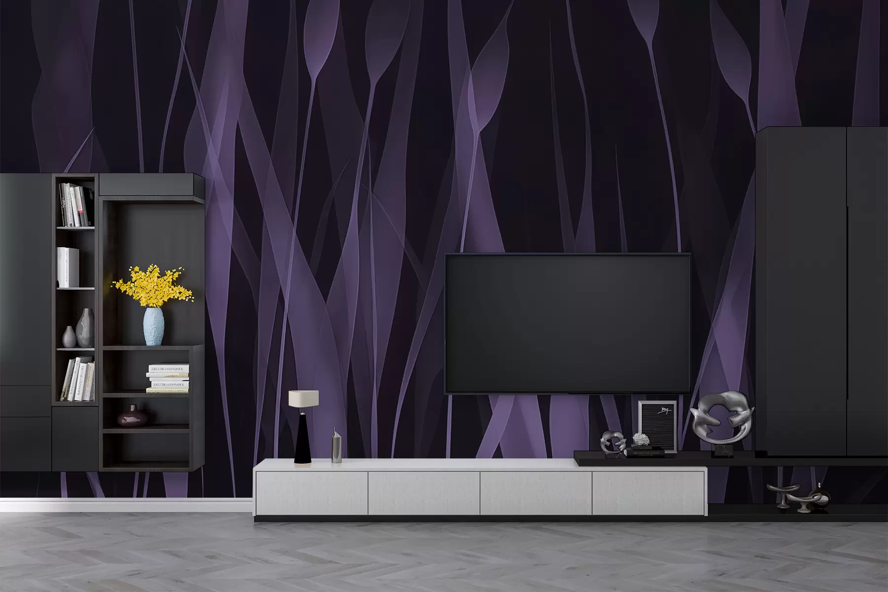 murales de pared Hojas de color púrpura suave sobre un fondo oscuro w01019v1