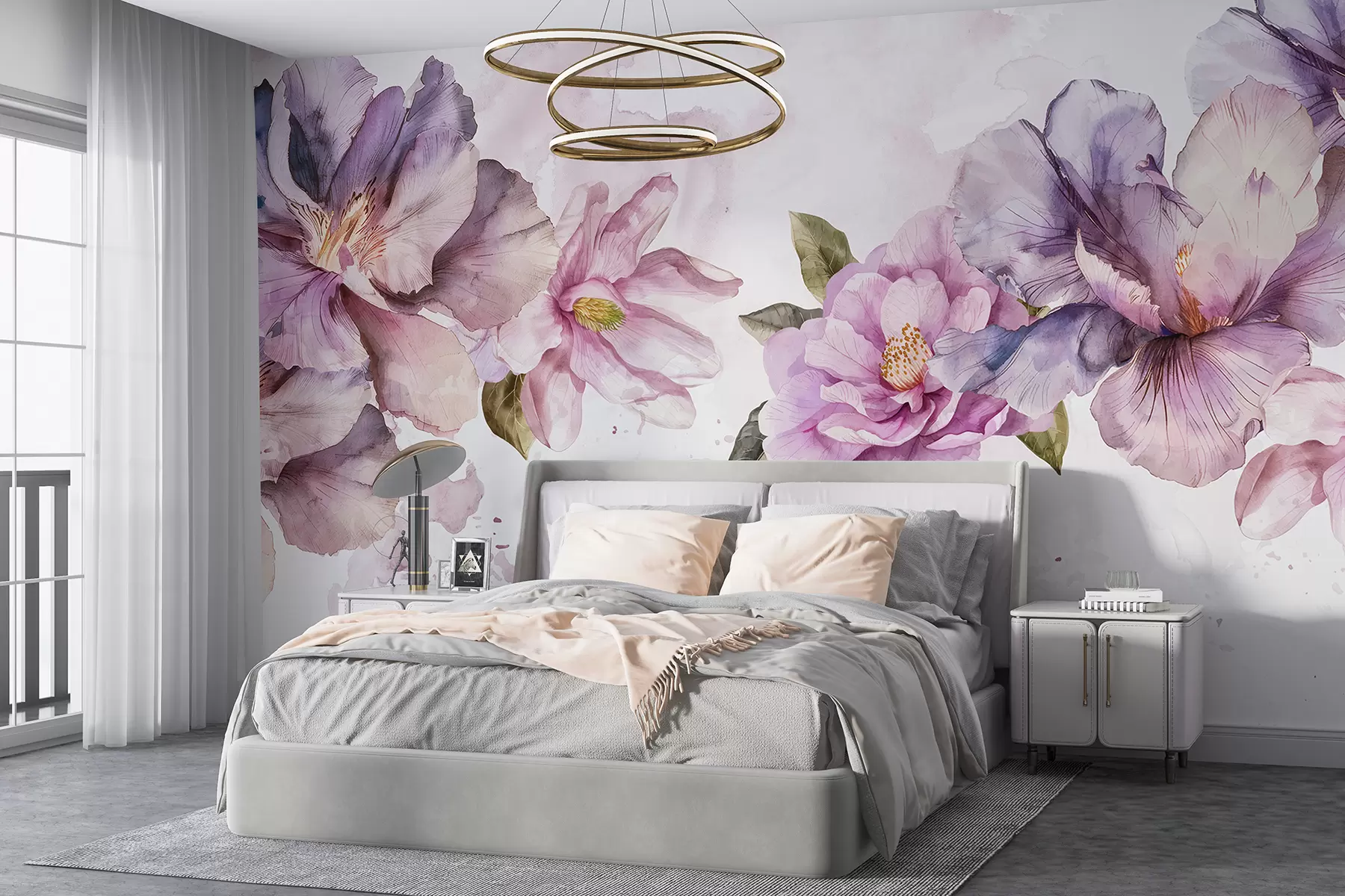 murales de pared Delicadas flores de acuarela de color rosa y morado con pétalos suaves y hojas verdes sobre un fondo claro. w08238