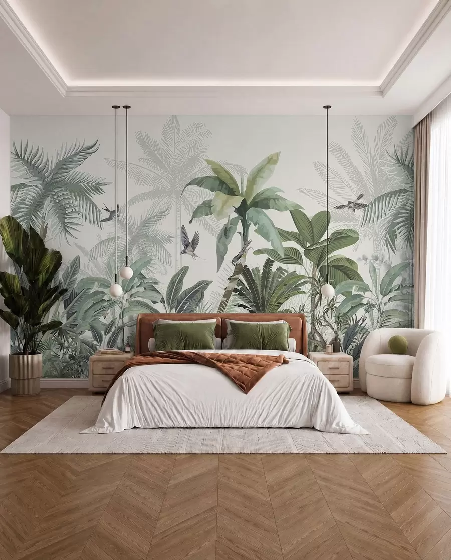 murales de pared Una exuberante escena de jungla tropical con varias palmeras, hojas grandes y flores coloridas en primer plano w08239