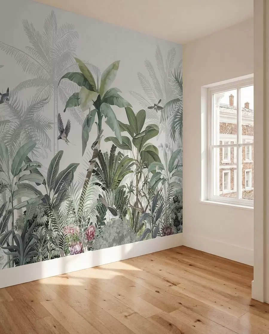 murales de pared Una exuberante escena de jungla tropical con varias palmeras, hojas grandes y flores coloridas en primer plano w08239