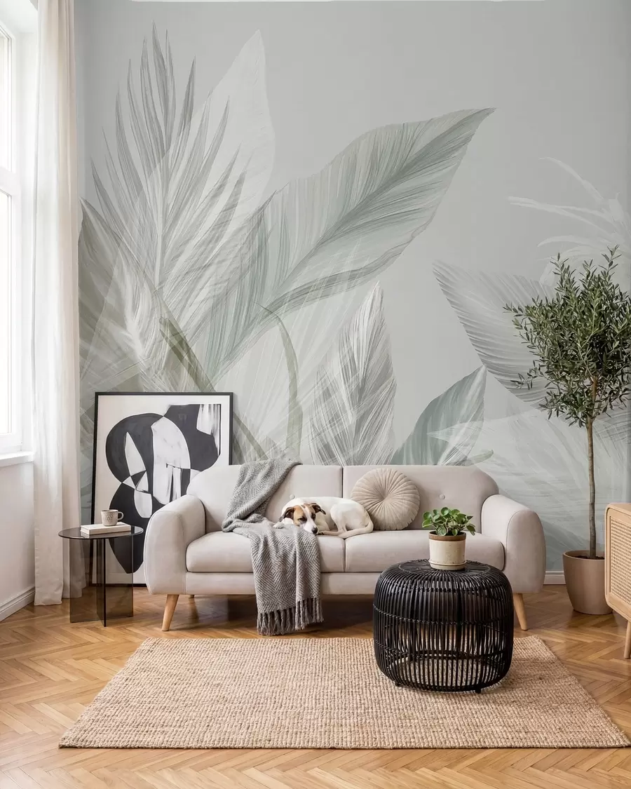murales de pared Suaves plumas blancas, verdes y grises y hojas tropicales flotando sobre un fondo claro w08241
