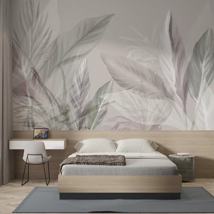 murales de pared Plumas suaves de color blanco, rosa y gris y hojas tropicales flotando sobre un fondo claro w08241v1