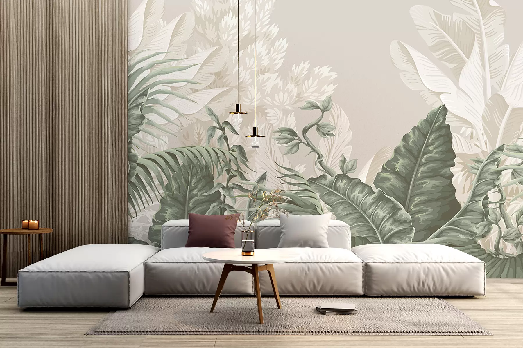 murales de pared Una escena de jungla tropical con grandes hojas verdes y flores en primer plano, creando una atmósfera exuberante. w08242v1