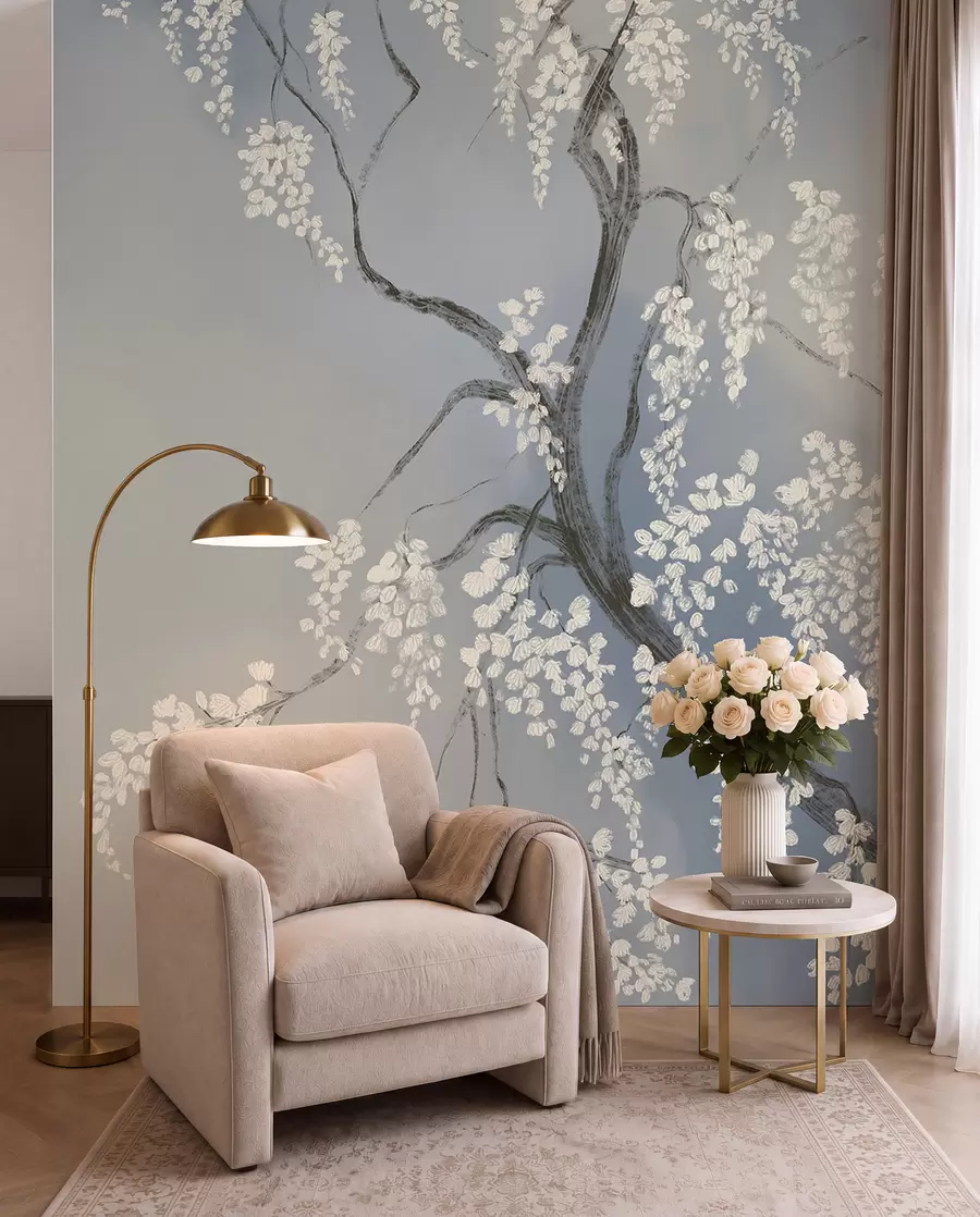 murales de pared Delicado cerezo blanco con flores floreciendo en las ramas sobre fondo azul w08243v1