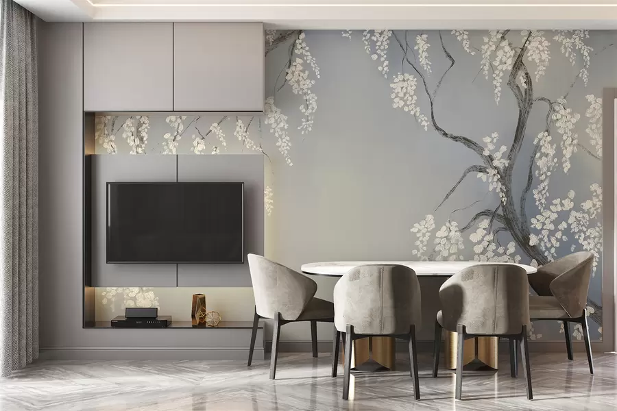 murales de pared Delicado cerezo blanco con flores floreciendo en las ramas sobre fondo azul w08243v1