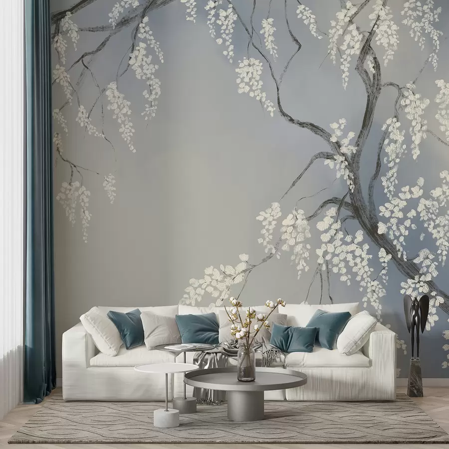 murales de pared Delicado cerezo blanco con flores floreciendo en las ramas sobre fondo azul w08243v1