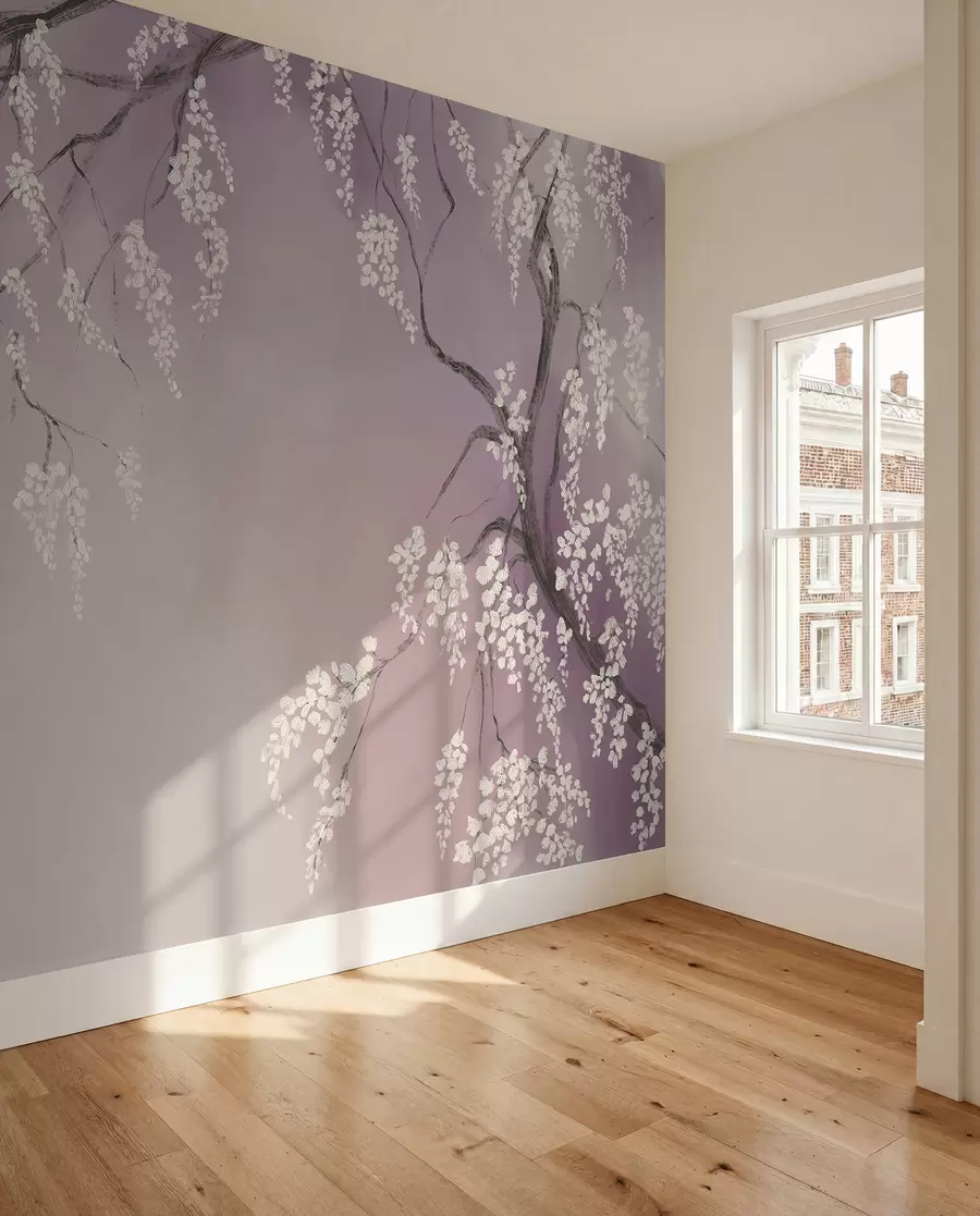 murales de pared Delicado cerezo blanco con flores floreciendo en las ramas sobre un fondo rosa w08243v2
