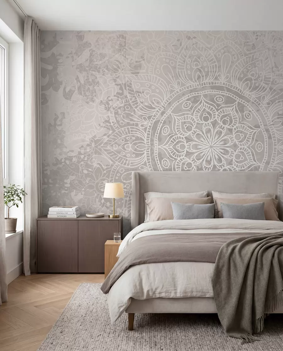 murales de pared Un patrón de mandala blanco detallado sobre un fondo vintage texturizado de color gris claro w08246