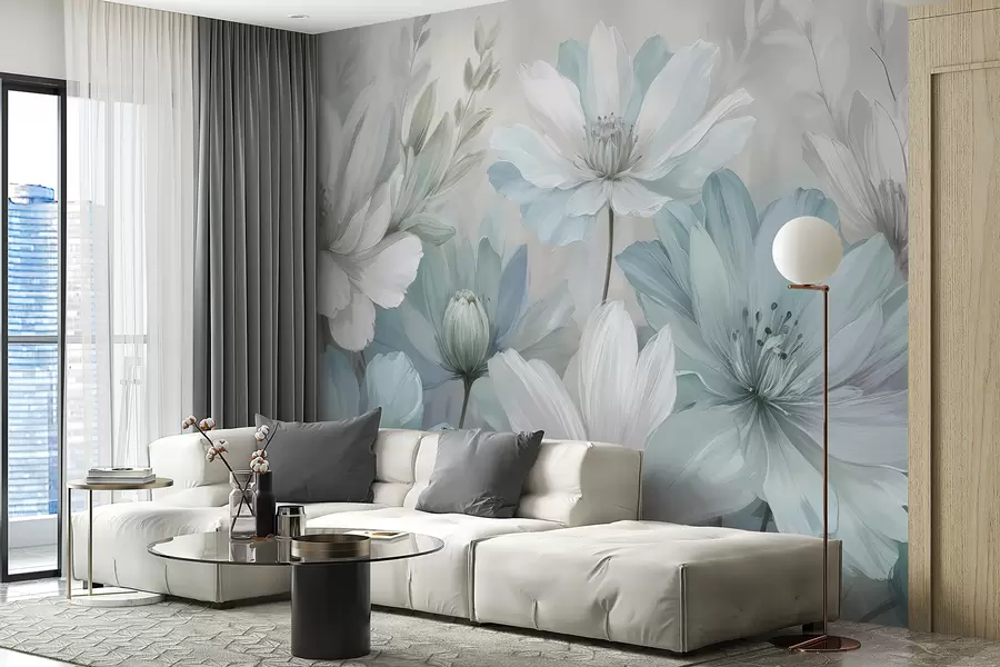 Murales de pared Un primer plano de una pintura artística de flores blancas y celestes parecidas a margaritas con fondos suaves y borrosos w08247 murales de pared Un primer plano de una pintura artística de flores blancas y celestes parecidas a margaritas con fondos suaves y borrosos w08247