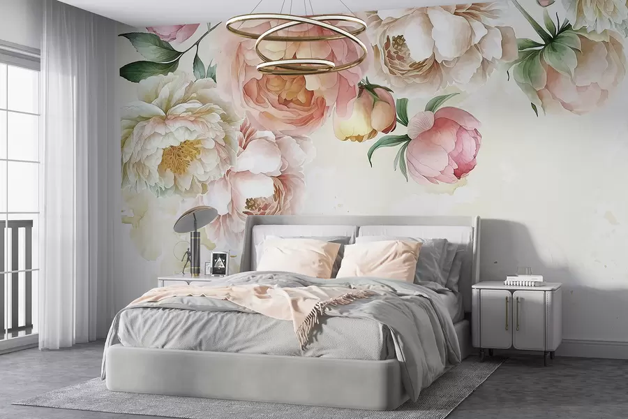 murales de pared Delicadas peonías rosas y blancas con exuberantes hojas verdes sobre un fondo de acuarela claro w08248