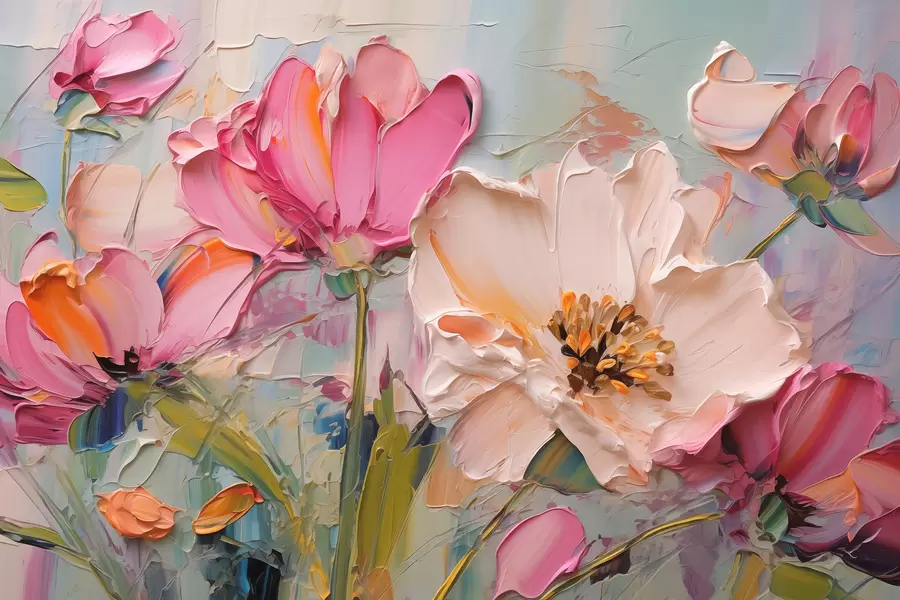 murales de pared Flores de color rosa brillante sobre un fondo gris azulado claro w01039